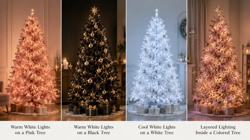 Holiday tree displays in cozy studio