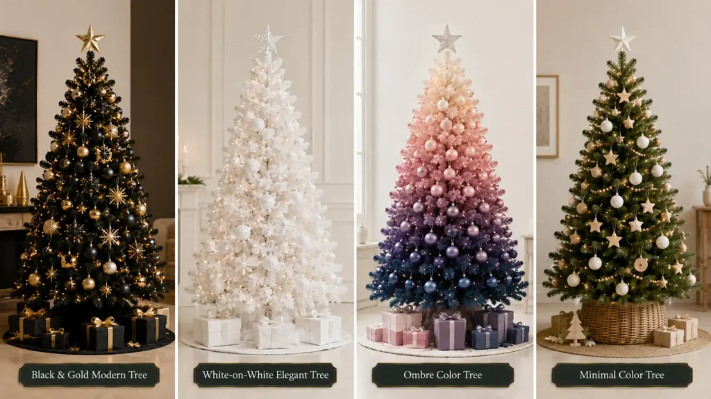 Modern holiday tree displays in panels
