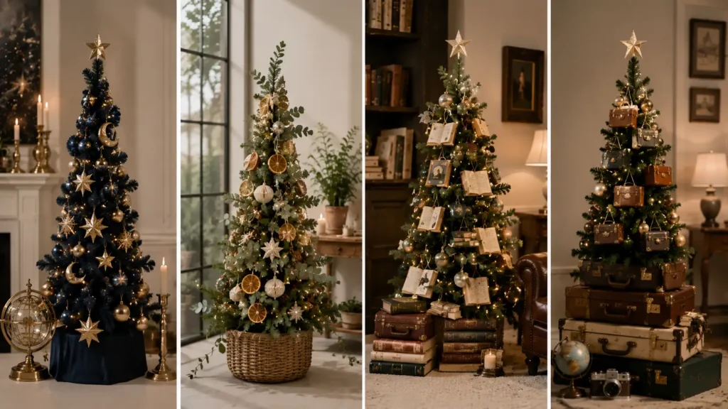 holiday tree setups in elegant decor